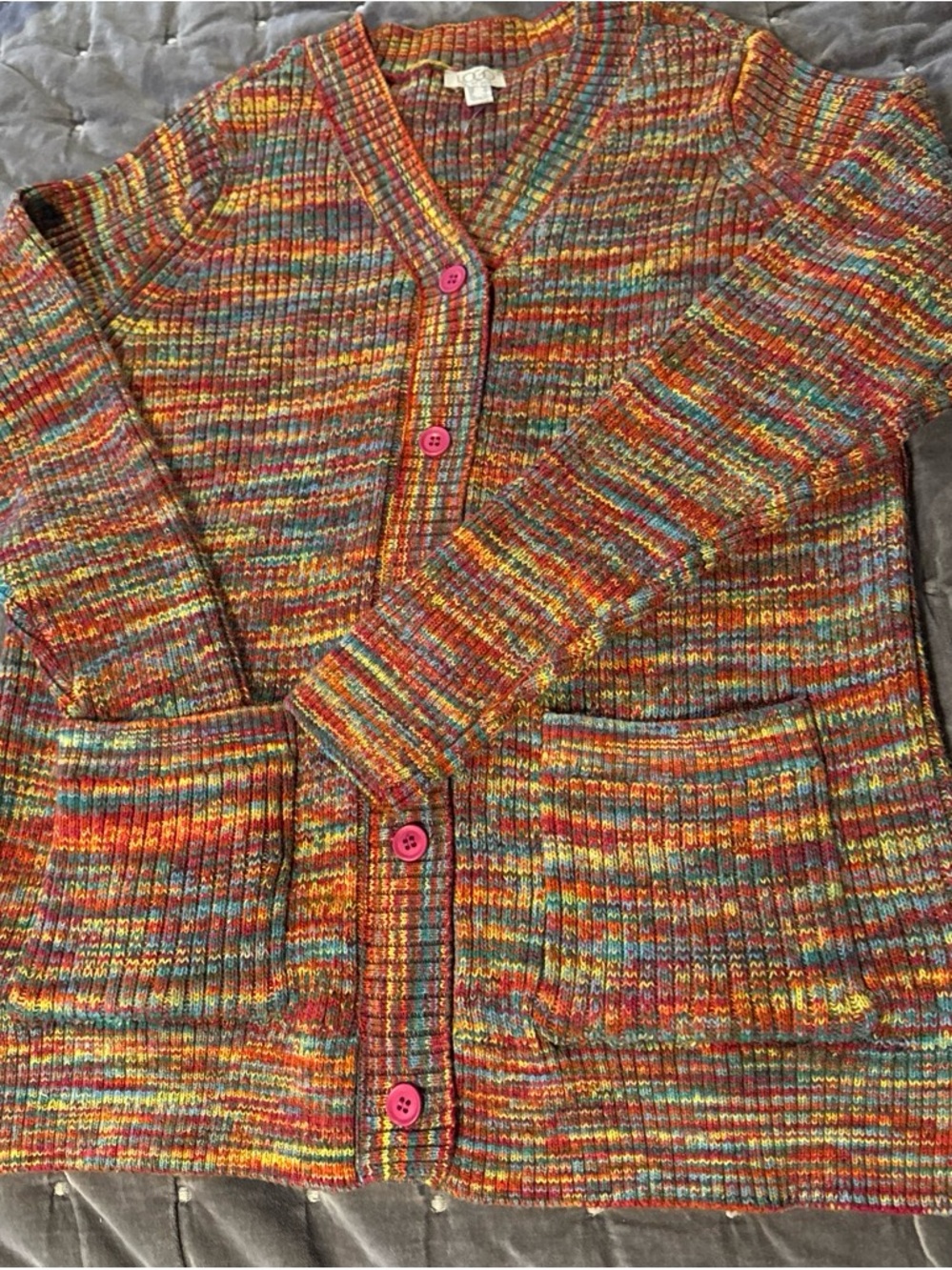 LOGO by Lori Goldstein Multicolor Ribbed V-Neck Cardigan with Pink Buttons